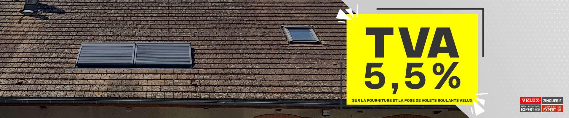 banniere tva 5,5 pourcent sur la fourniture et la pose de volets roulants velux